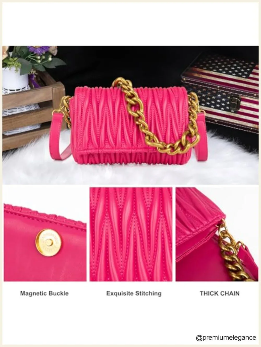 Quilted Faux Leather Satchel with Chain Strap Small Shoulder Bag